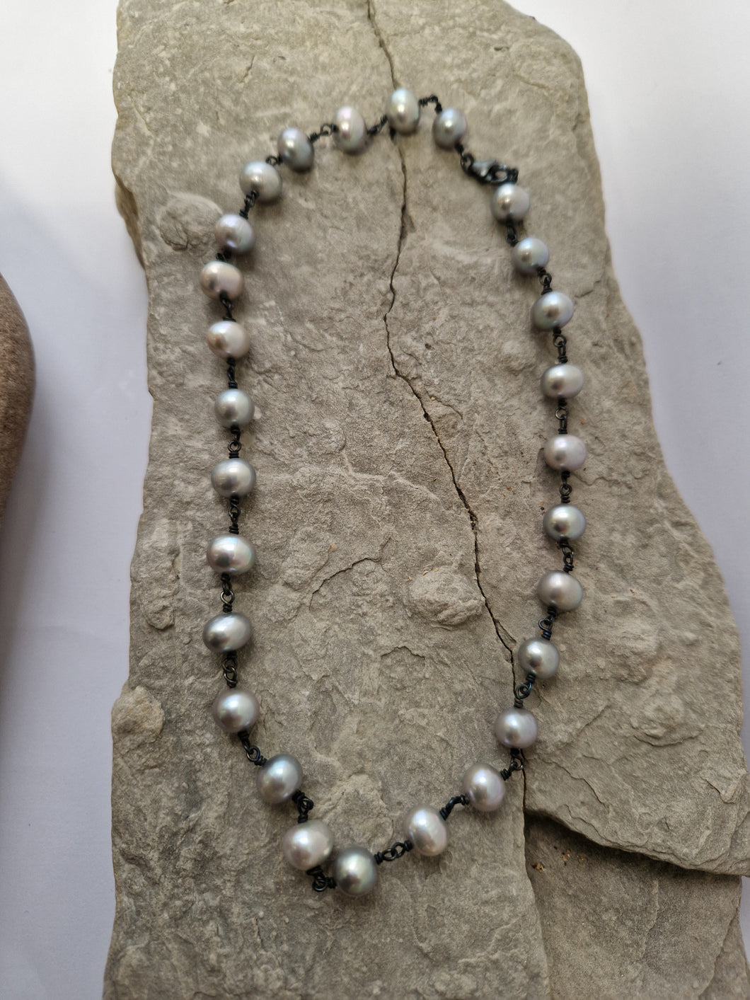 Oxidised Silver and grey pearl necklace